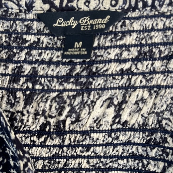 Lucky Brand Long Sleeve Blue Cream Blouse Top Button Up Peasant V-Neck Women's M - Picture 6 of 6